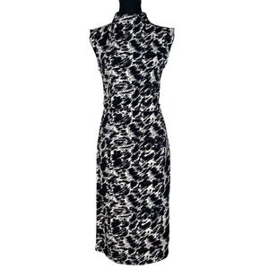 H&M Sleeveless Fitted Dress Mock Neck Black White Abstract Pattern Size Medium